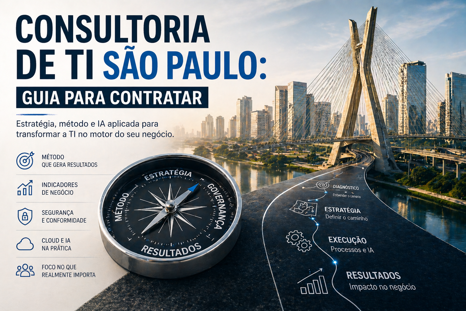 Consultoria de TI em São Paulo: bússola estratégica indicando método, estratégia, governança e resultados — com vista da Ponte Estaiada e skyline paulistano. Caminho de decisão: diagnóstico, estratégia, execução e resultados.