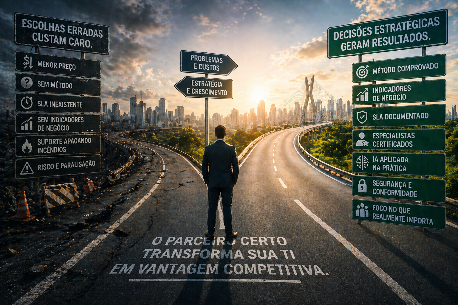 Comparação visual entre escolhas erradas e decisões estratégicas em consultoria de TI. À esquerda: menor preço, sem método, SLA inexistente, sem indicadores de negócio, suporte apagando incêndios, risco e paralisação. À direita: método comprovado, indicadores de negócio, SLA documentado, especialistas certificados, IA aplicada na prática, segurança e conformidade. O parceiro certo transforma a TI em vantagem competitiva.