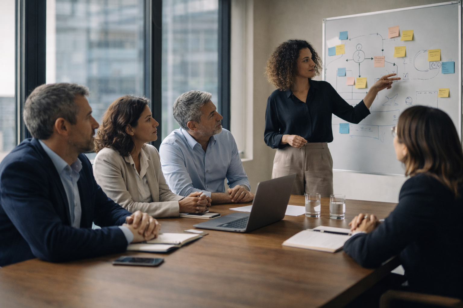 Equipe executiva alinhada discutindo estratégia de IA