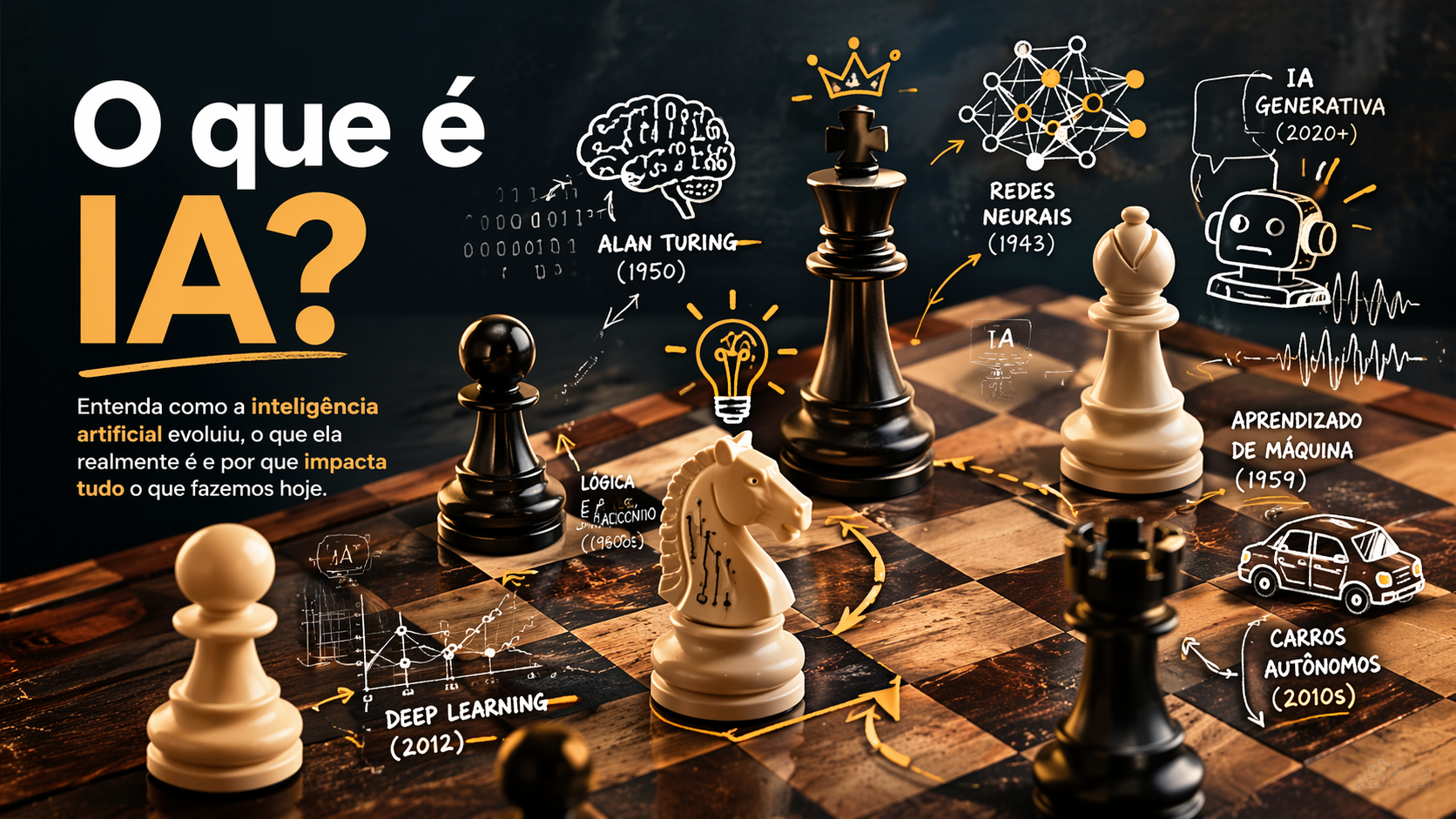 Imagem sobre inteligência artificial com tabuleiro de xadrez, peças representando marcos da IA, redes neurais, aprendizado de máquina, deep learning e IA generativa.