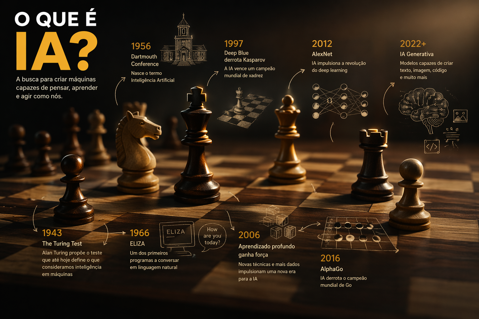 Linha do tempo da inteligência artificial: Turing Test (1943), Dartmouth Conference (1956), ELIZA (1966), Deep Blue (1997), aprendizado profundo (2006), AlexNet (2012), AlphaGo (2016) e IA Generativa (2022+)