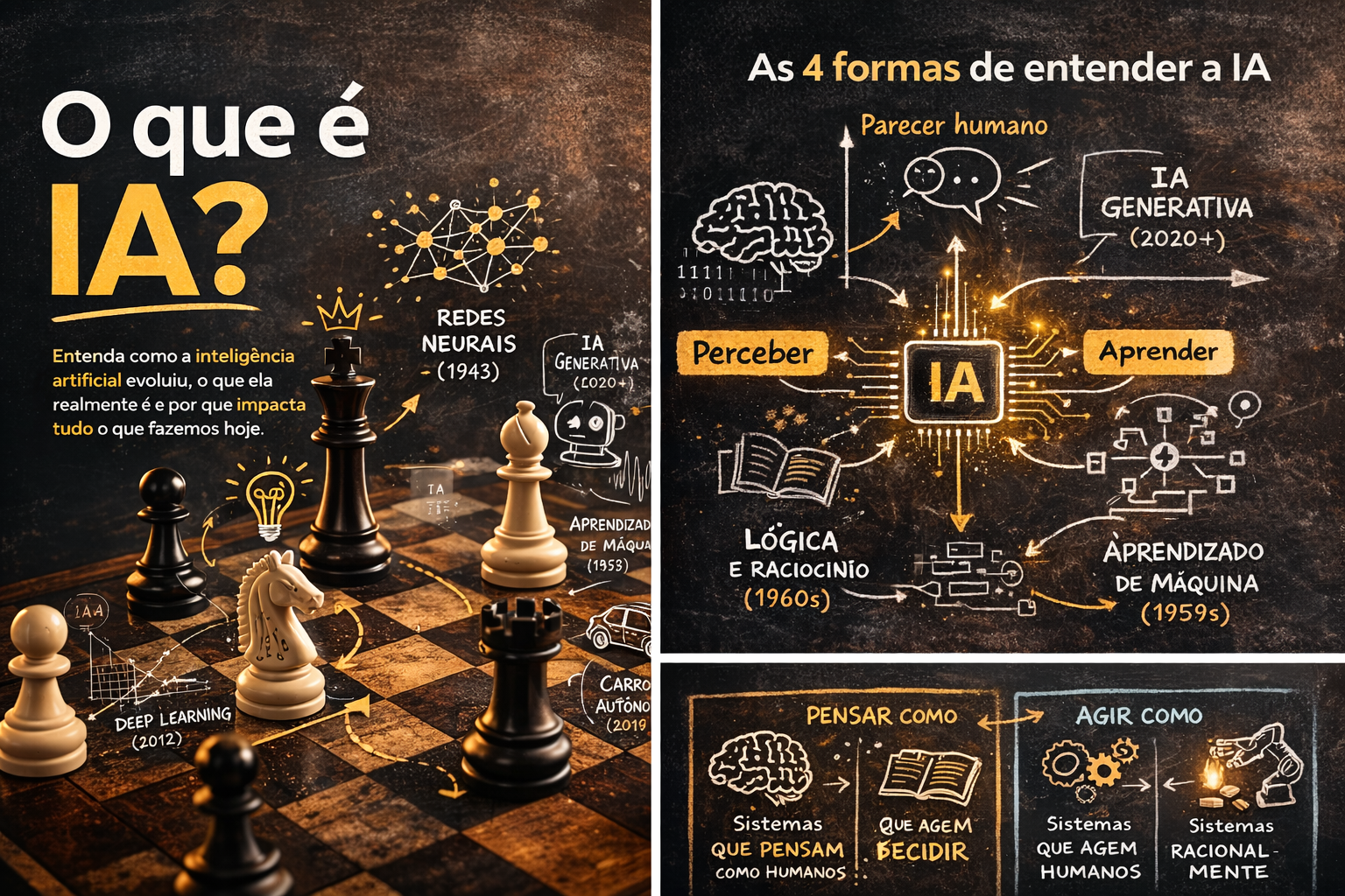 Infográfico das 4 formas de entender a IA: perceber, aprender, lógica e raciocínio, aprendizado de máquina — e os conceitos de pensar como humano vs. agir como humano ou racionalmente