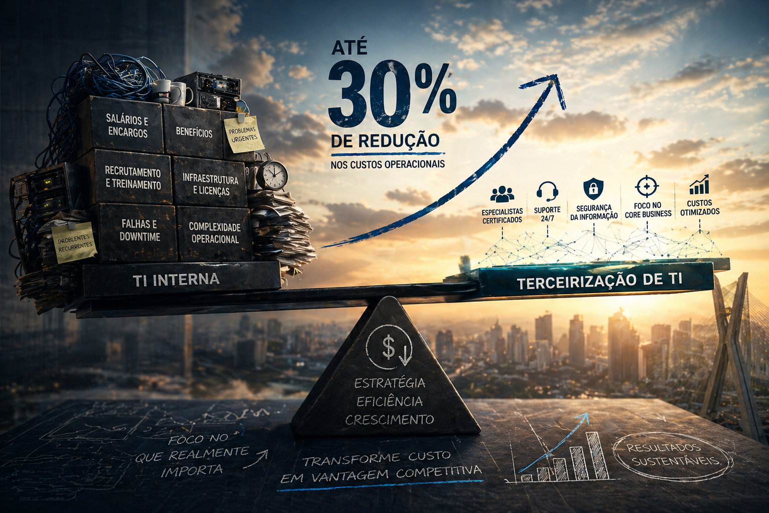 Até 30% de redução nos custos operacionais com terceirização de TI: especialistas certificados, suporte 24/7, segurança da informação, foco no core business